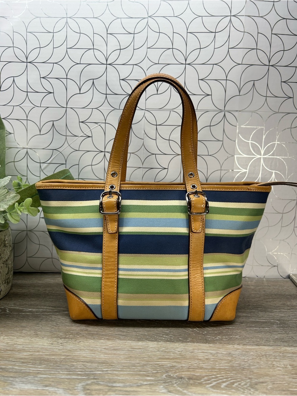 9625 Coach Hamptons Weekend Striped Canvas Leather Tote 889625